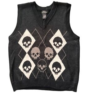 Social Collision Black Skull Argyle Knit Sweater Vest Goth Punk Emo Large